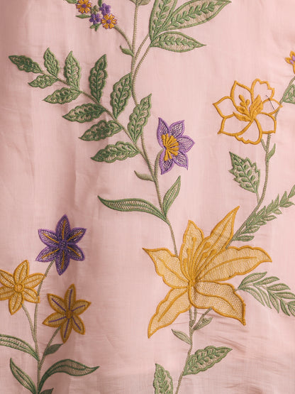 Solid Floral Threadwork A-Line Kurta with Pant & Dupatta - Pink