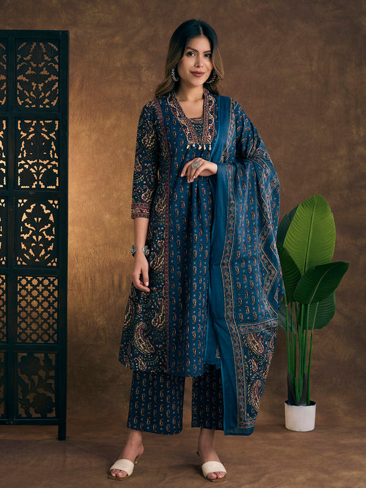 Ethnic Floral Printed Embroidered A-Line Kurta with Palazzo & Dupatta - Blue