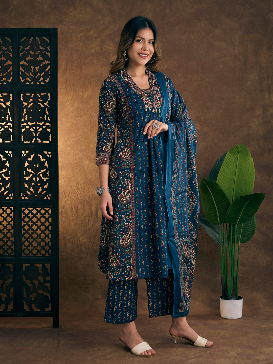 Ethnic Floral Printed Embroidered A-Line Kurta with Palazzo & Dupatta - Blue