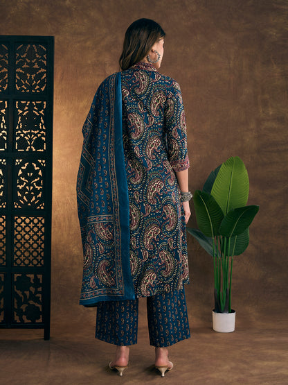 Ethnic Floral Printed Embroidered A-Line Kurta with Palazzo & Dupatta - Blue