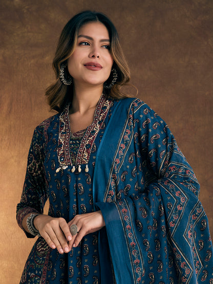 Ethnic Floral Printed Embroidered A-Line Kurta with Palazzo & Dupatta - Blue