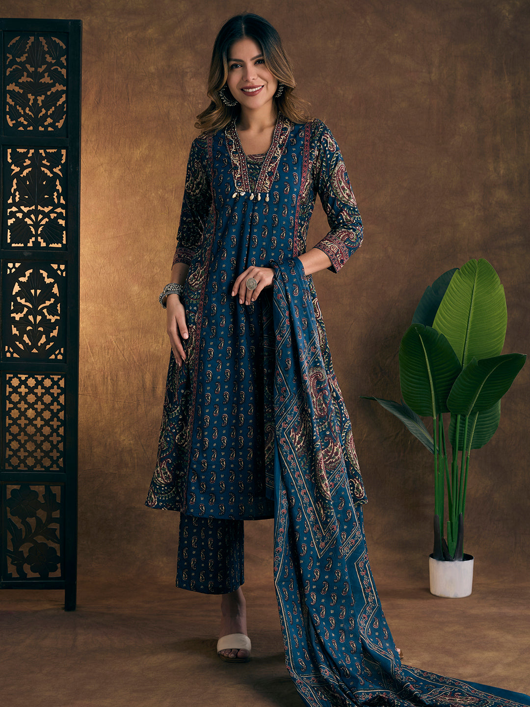 Ethnic Floral Printed Embroidered A-Line Kurta with Palazzo & Dupatta - Blue