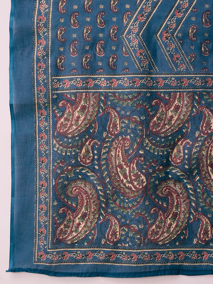 Ethnic Floral Printed Embroidered A-Line Kurta with Palazzo & Dupatta - Blue