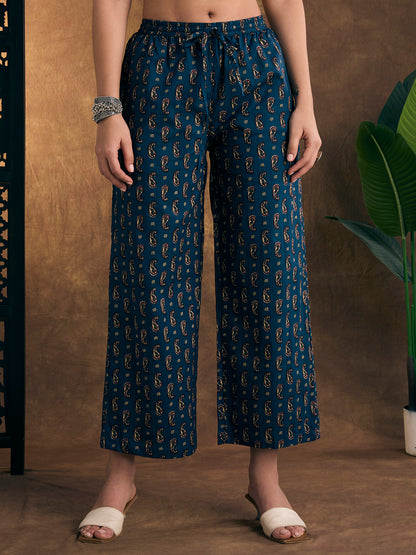 Ethnic Floral Printed Embroidered A-Line Kurta with Palazzo & Dupatta - Blue