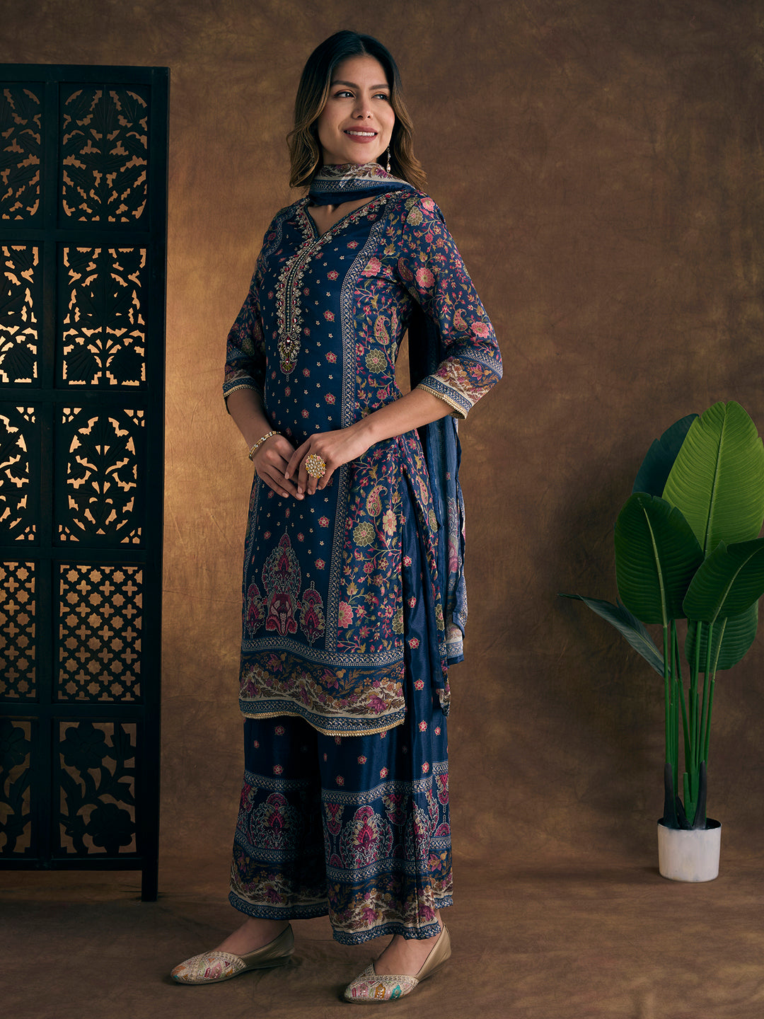 Ethnic Printed & Hand Embroidered Kurta with Sharara & Dupatta - Navy Blue