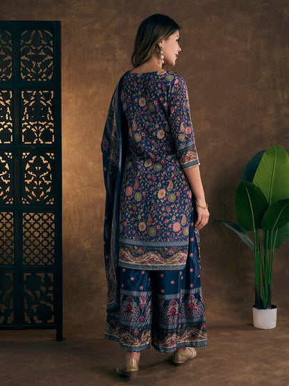 Ethnic Printed & Hand Embroidered Kurta with Sharara & Dupatta - Navy Blue