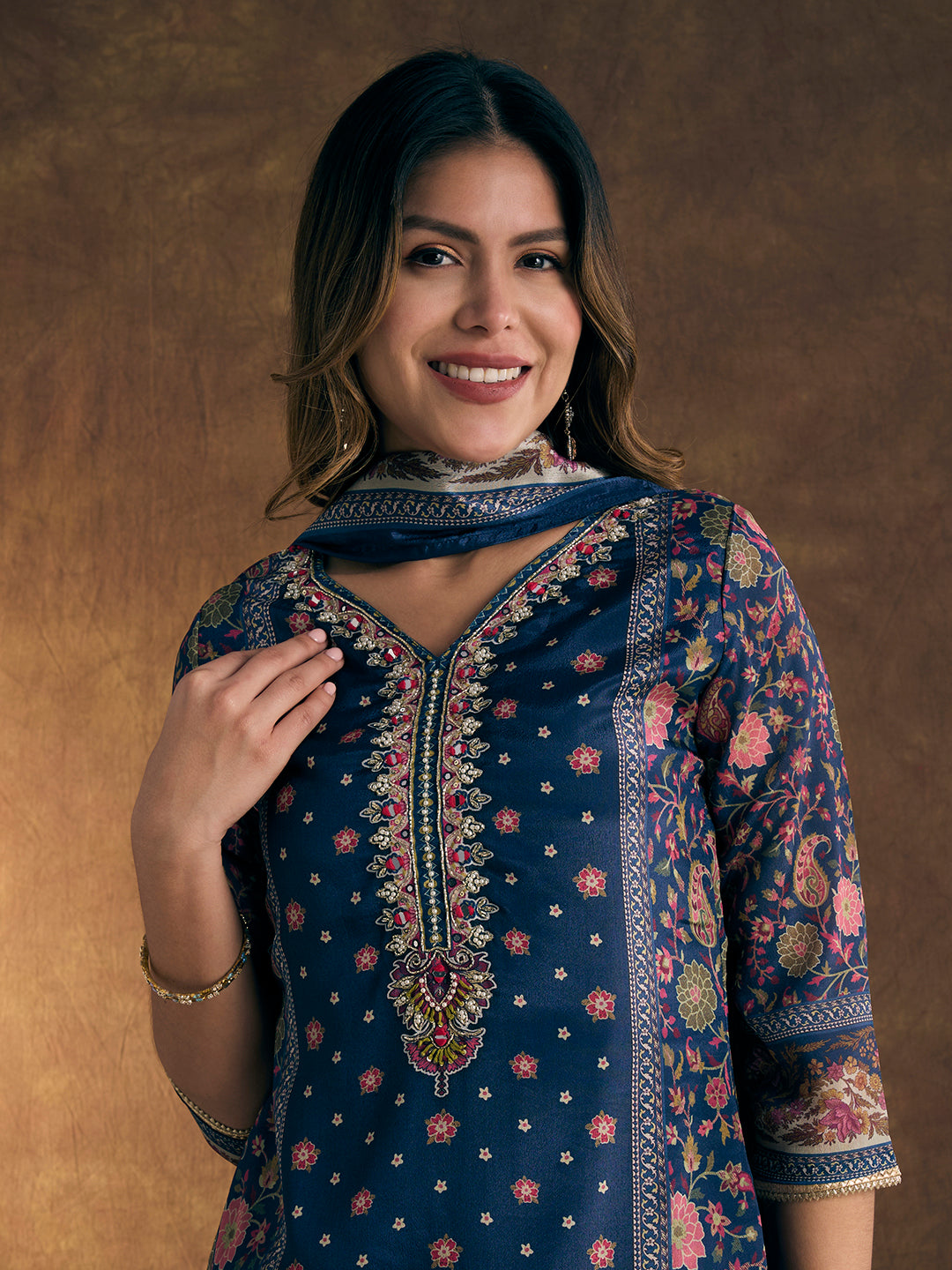 Ethnic Printed & Hand Embroidered Kurta with Sharara & Dupatta - Navy Blue