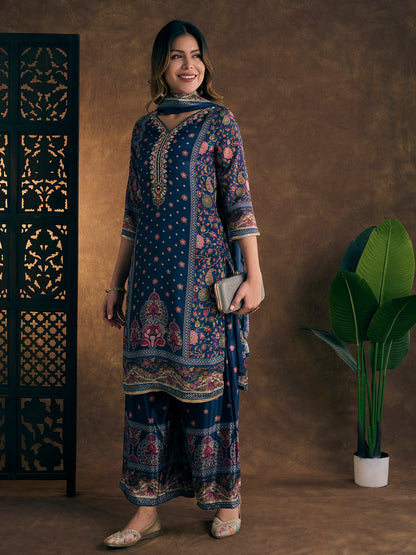 Ethnic Printed & Hand Embroidered Kurta with Sharara & Dupatta - Navy Blue