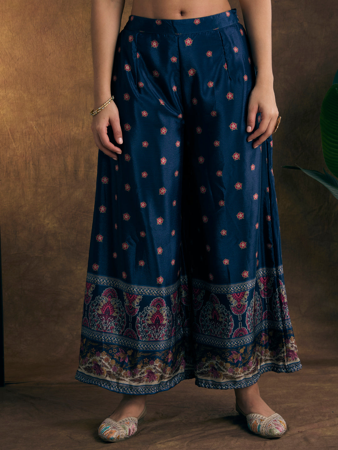 Ethnic Printed & Hand Embroidered Kurta with Sharara & Dupatta - Navy Blue