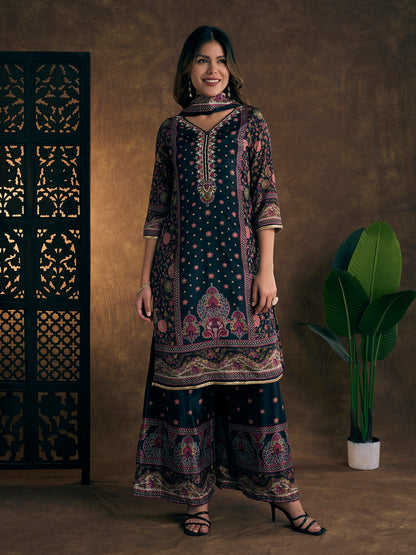 Ethnic Printed & Hand Embroidered Kurta with Sharara & Dupatta - Black