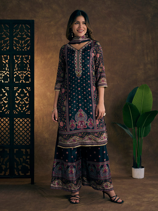 Ethnic Printed & Hand Embroidered Kurta with Sharara & Dupatta - Black
