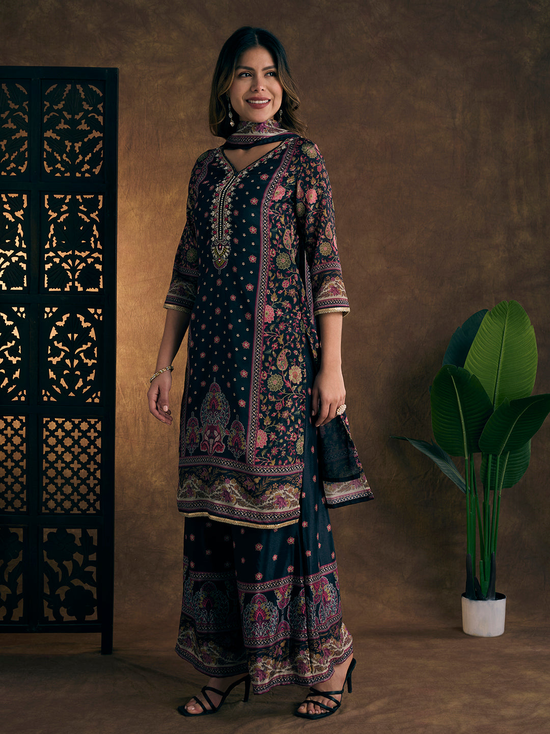 Ethnic Printed & Hand Embroidered Kurta with Sharara & Dupatta - Black