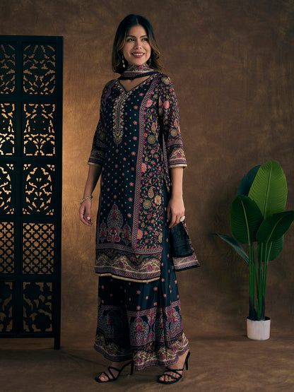 Ethnic Printed & Hand Embroidered Kurta with Sharara & Dupatta - Black