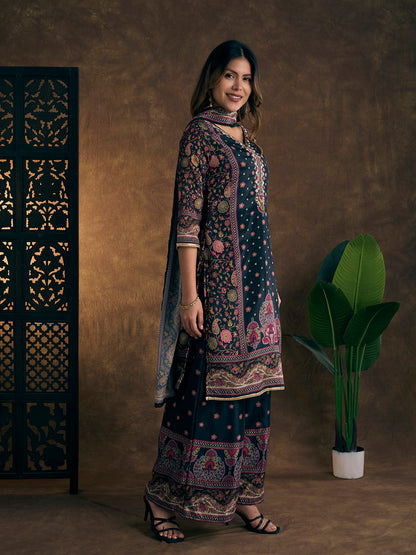 Ethnic Printed & Hand Embroidered Kurta with Sharara & Dupatta - Black