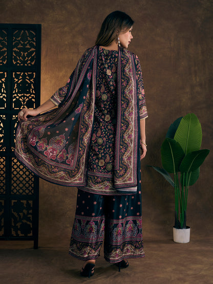 Ethnic Printed & Hand Embroidered Kurta with Sharara & Dupatta - Black