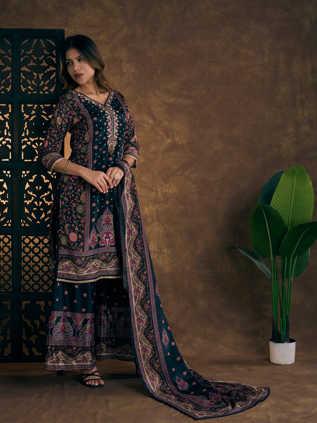 Ethnic Printed & Hand Embroidered Kurta with Sharara & Dupatta - Black