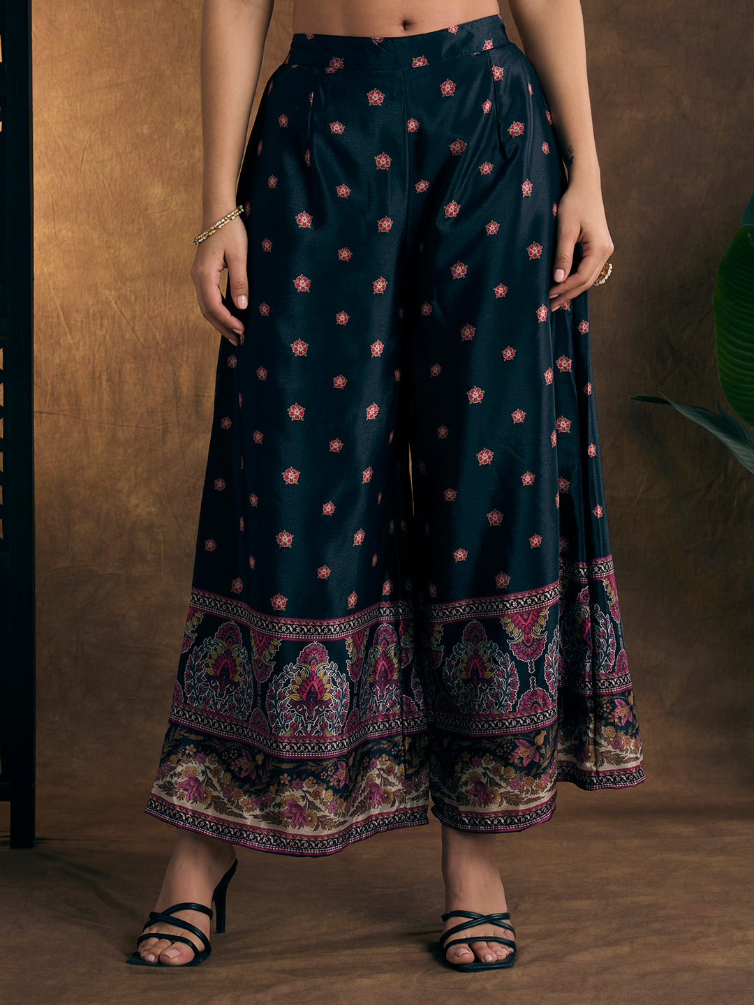 Ethnic Printed & Hand Embroidered Kurta with Sharara & Dupatta - Black