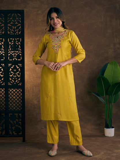 Solid Floral Embroidered Straight Kurta with Pant & Dupatta - Yellow