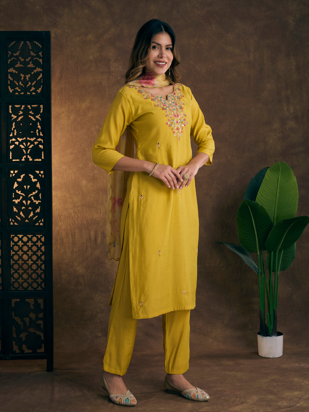 Solid Floral Embroidered Straight Kurta with Pant & Dupatta - Yellow