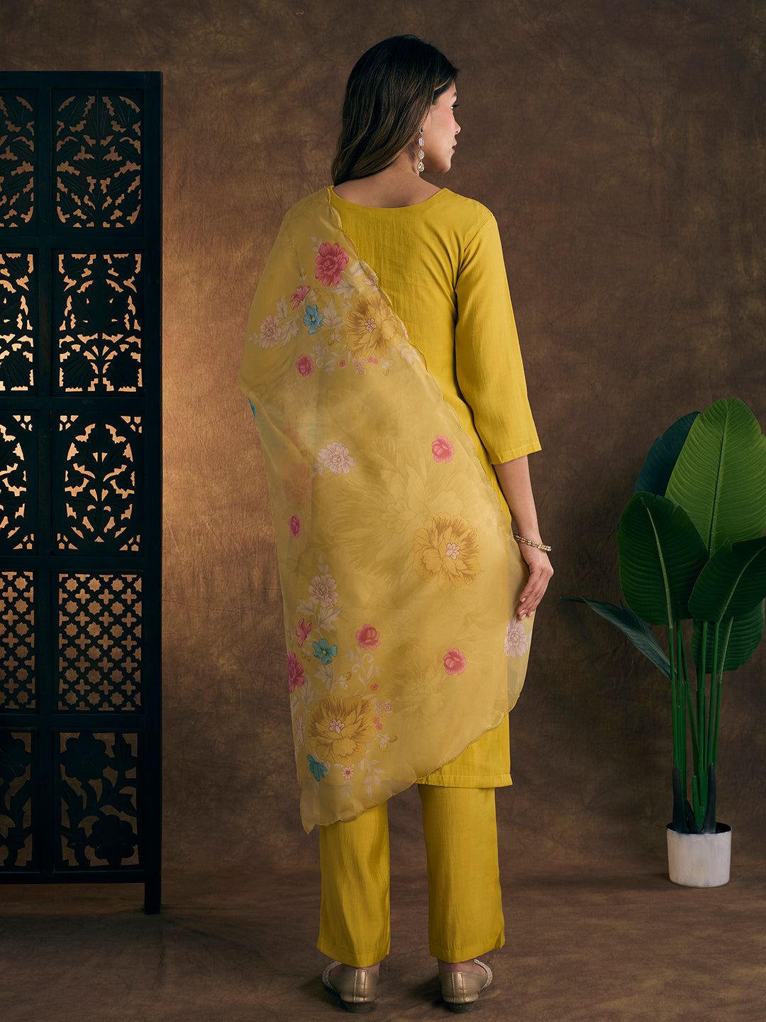 Solid Floral Embroidered Straight Kurta with Pant & Dupatta - Yellow