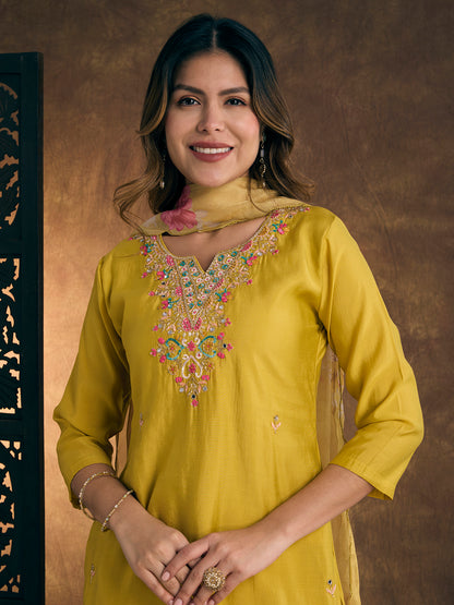 Solid Floral Embroidered Straight Kurta with Pant & Dupatta - Yellow