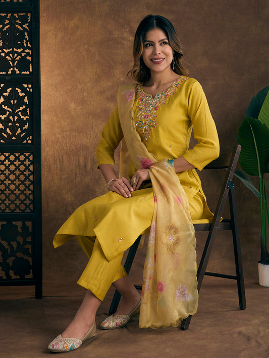 Solid Floral Embroidered Straight Kurta with Pant & Dupatta - Yellow