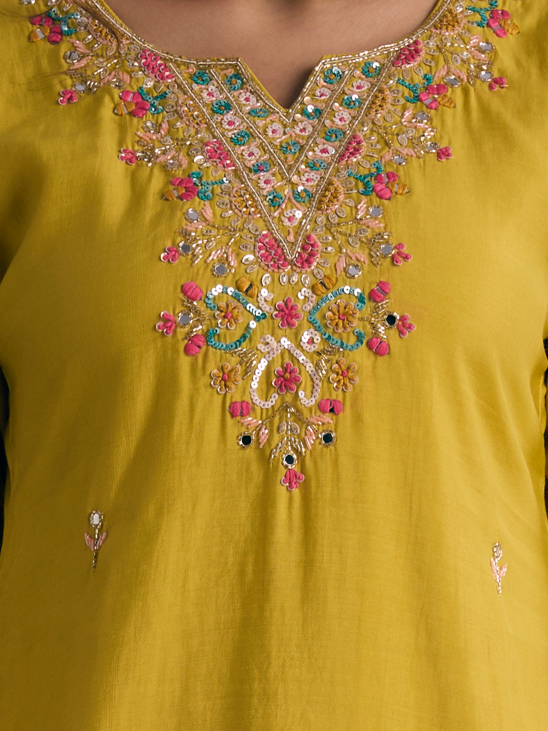 Solid Floral Embroidered Straight Kurta with Pant & Dupatta - Yellow
