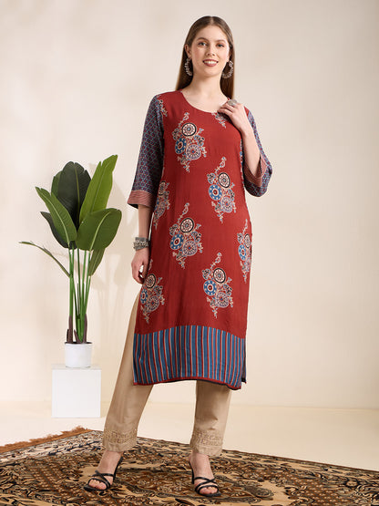 Ethnic Floral Straight Fit Kurta - Maroon