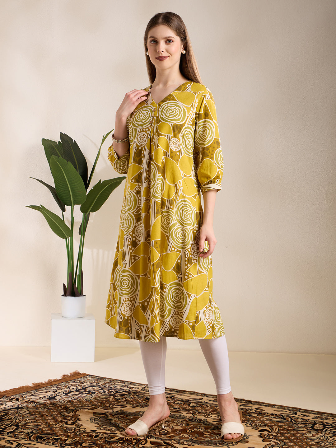 Abstract Floral Printed A-Line Kurta - Lime Green
