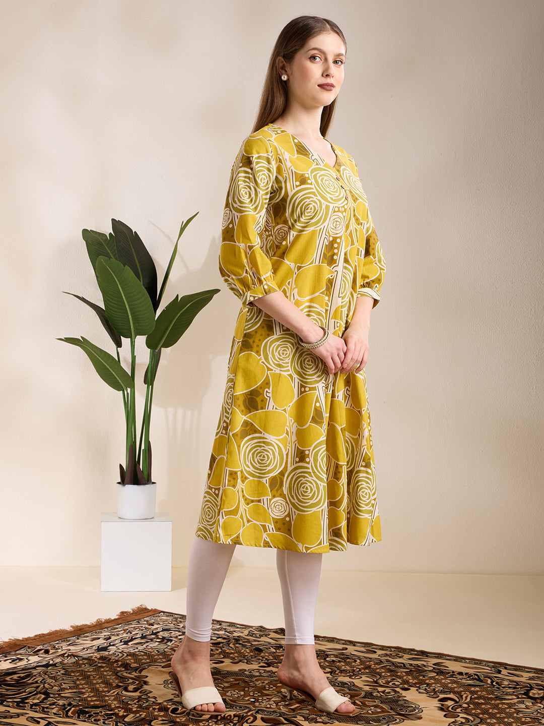 Abstract Floral Printed A-Line Kurta - Lime Green