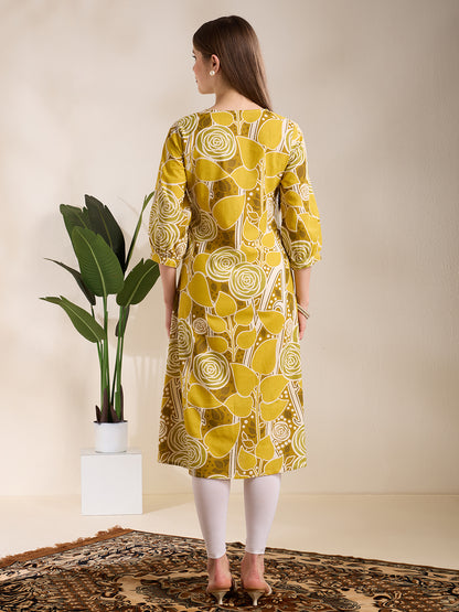 Abstract Floral Printed A-Line Kurta - Lime Green
