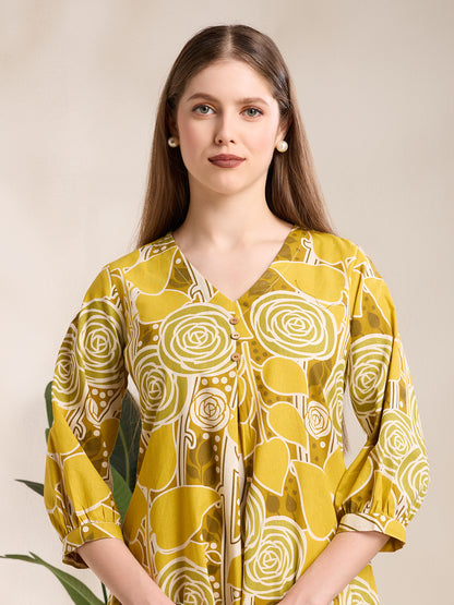 Abstract Floral Printed A-Line Kurta - Lime Green