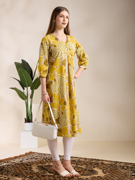 Abstract Floral Printed A-Line Kurta - Lime Green