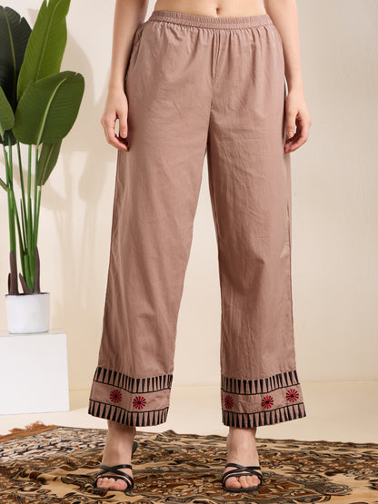 Solid Geometric Embroidered Straight Fit Kurta with Palazzo - Light Grey