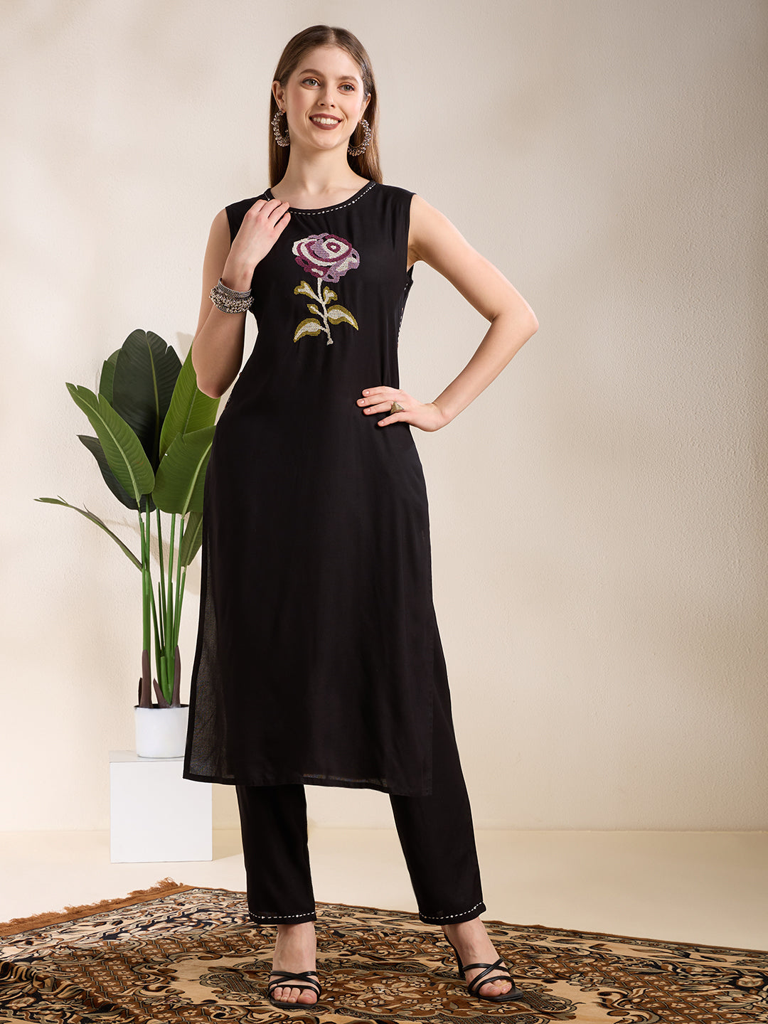 Solid Floral Embroidered Straight Fit Co-ord Set - Black