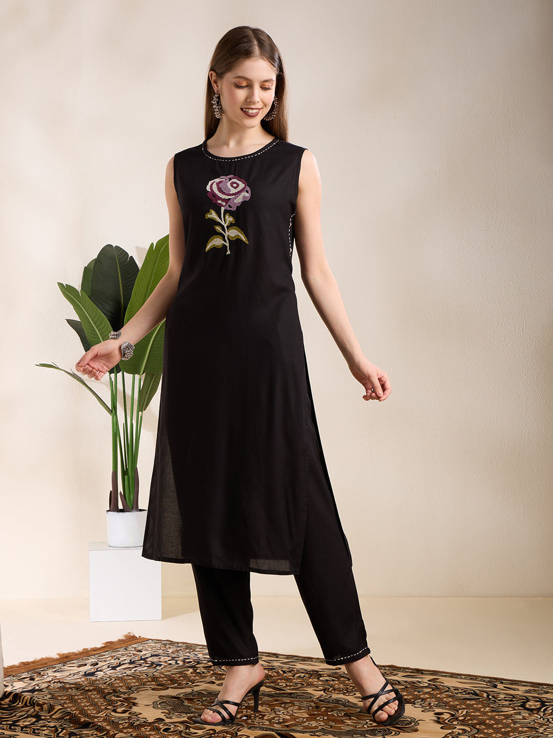 Solid Floral Embroidered Straight Fit Co-ord Set - Black