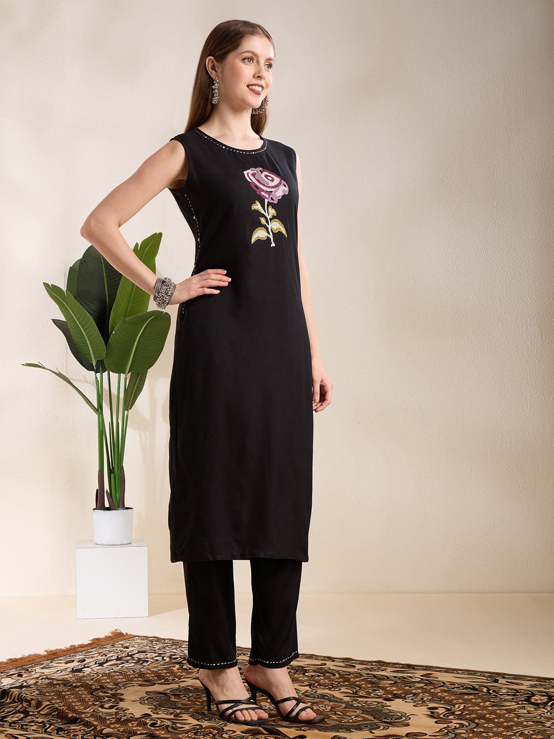 Solid Floral Embroidered Straight Fit Co-ord Set - Black