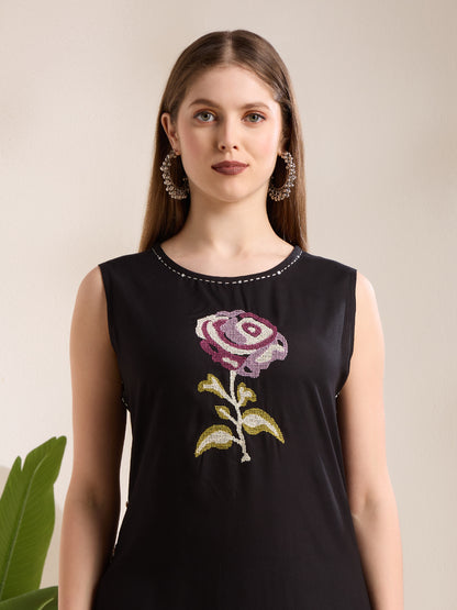 Solid Floral Embroidered Straight Fit Co-ord Set - Black