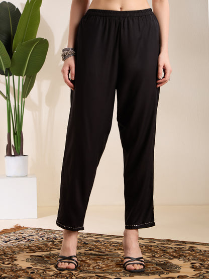 Solid Floral Embroidered Straight Fit Co-ord Set - Black