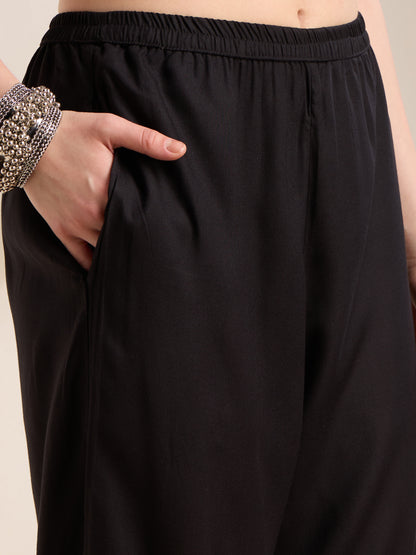 Solid Floral Embroidered Straight Fit Co-ord Set - Black