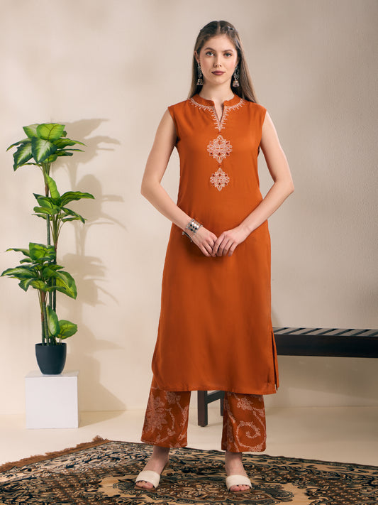 Solid Ethnic Embroidered Straight Kurta with Princess Pant - Rust