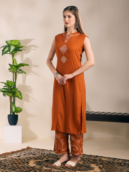 Solid Ethnic Embroidered Straight Kurta with Princess Pant - Rust
