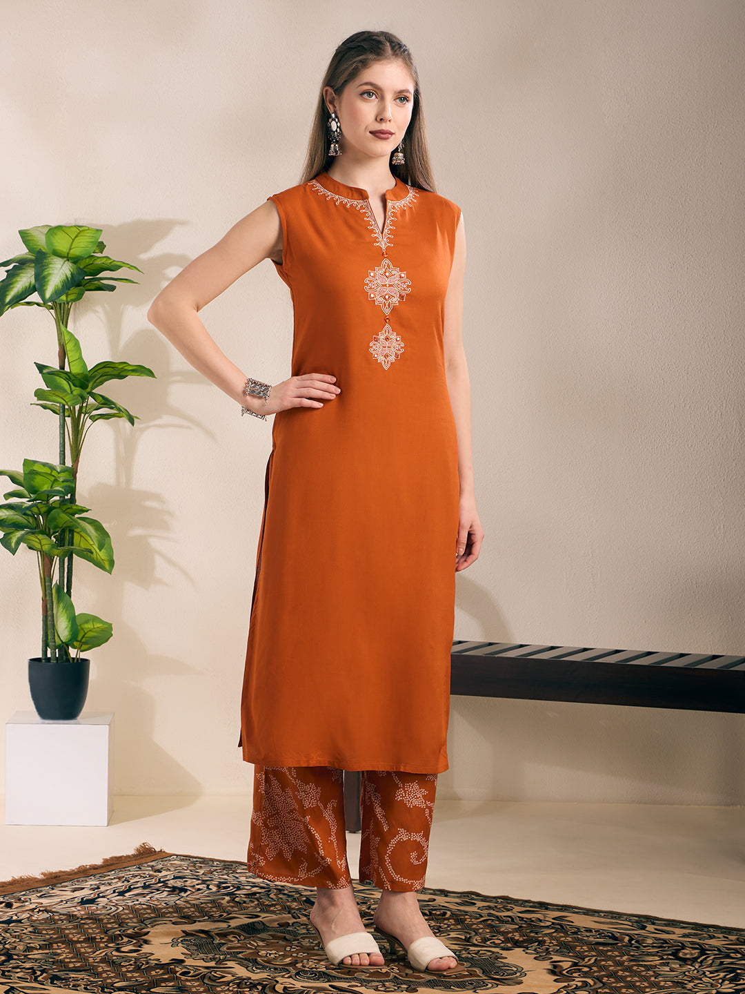 Solid Ethnic Embroidered Straight Kurta with Princess Pant - Rust