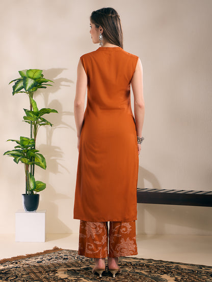 Solid Ethnic Embroidered Straight Kurta with Princess Pant - Rust