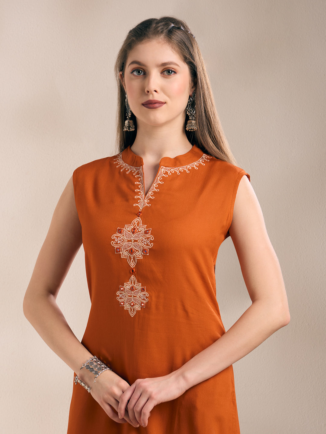 Solid Ethnic Embroidered Straight Kurta with Princess Pant - Rust