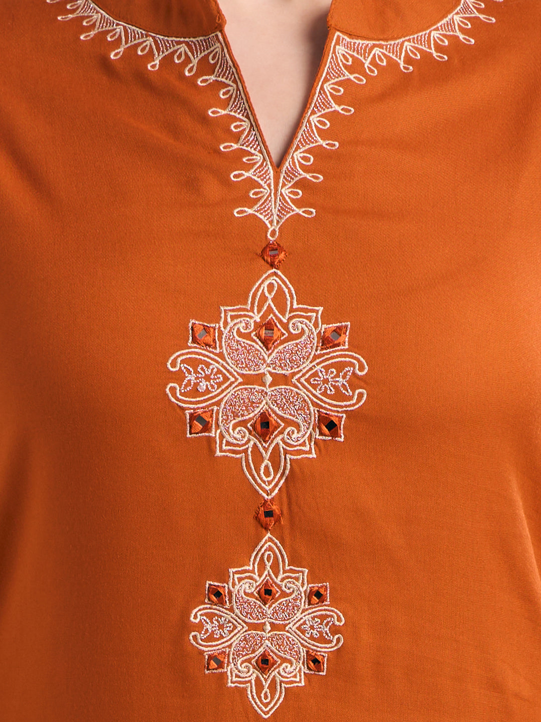Solid Ethnic Embroidered Straight Kurta with Princess Pant - Rust