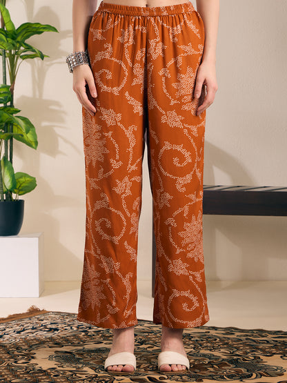 Solid Ethnic Embroidered Straight Kurta with Princess Pant - Rust