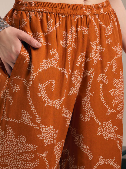 Solid Ethnic Embroidered Straight Kurta with Princess Pant - Rust