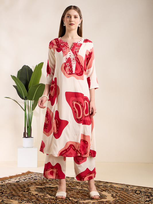 Abstract Floral Printed Embroidered A-Line Co-ord Set - White