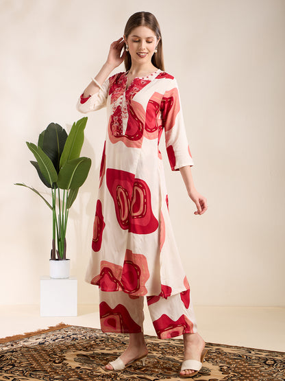 Abstract Floral Printed Embroidered A-Line Co-ord Set - White